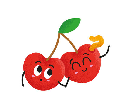 Happy sour cherry and a worm vector illustration for children. Two cute cherry friend holding each others hand. Lovely fruit concept for kids.