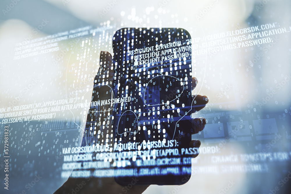 Poster double exposure of creative code skull hologram and hand with cell phone on background. malware and 