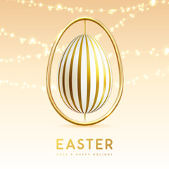 Happy Easter typography background with golden easter egg and string of lights. Greeting card or poster. Vector illustration