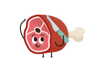 Funny meat character with a knife vector illustration. Keto diet lover. Cut a slice of meat. Ready for a garden party. Cute beef cartoon character for gastronomy concept. Use it for a restaurant.