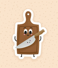 Cute cutting board and a butcher's sharp knife minimal vector illustration. Happy friends forever sticker. Designed in kawaii cartoon style. Use for funny t-shirts and banners.
