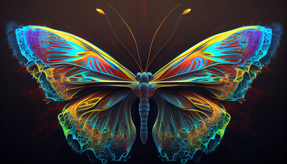 Holographic butterfly in symetricalm image with reflection, generative ai