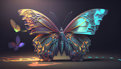 Obraz na płótnie Canvas Holographic butterfly in symetricalm image with reflection, generative ai