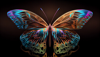 Fototapeta na wymiar Holographic butterfly in symetricalm image with reflection, generative ai