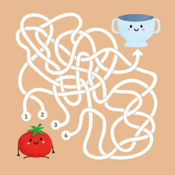 Find the right path logic quest for kids. Help cute tomato find the right path to bowl. Happy labyrinth. Colour maze game vector illustration. Kids worksheets. Online game. Find exit from the maze.