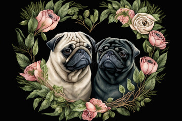 Couple of two pug dogs in love, framed with a heart-shaped flower wreath. Generative AI.