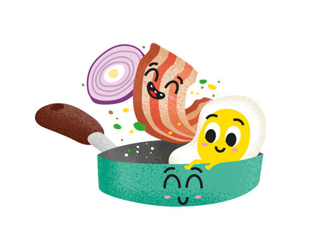 Best ham and eggs. Happy breakfast characters. Eggs, bacon, cheese, frying pan, onion, bacon, greens and salt. Editable vector illustration. Cute breakfast concept.