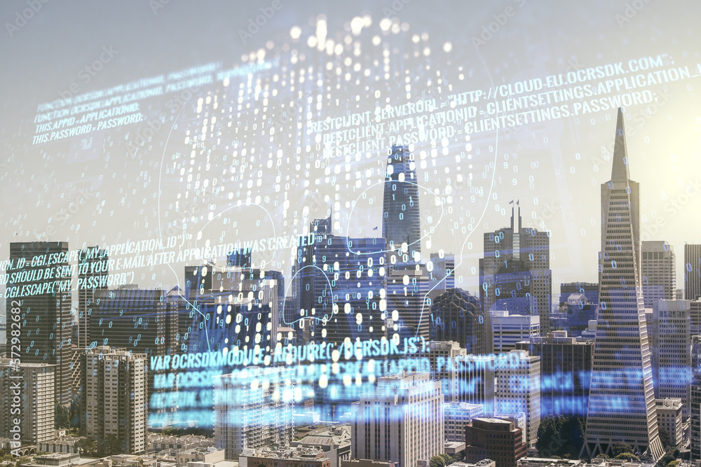 Poster double exposure of abstract virtual creative code skull hologram on san francisco city skyscrapers b