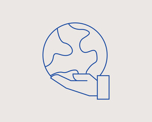 Concept of the world in the palm of your hand in a flat style. Ecology thin line icon. Green Energy editable stroke icon.  Vector illustration