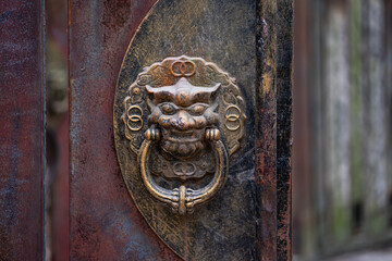 Dragon head door knocker, close up. Antique Chinese handle knocker.