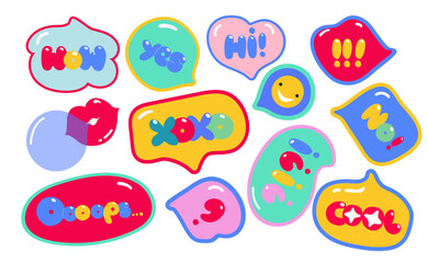 Speech bubbles with text. Colourful trendy letters in variety of shapes. Creative hand-drawn design set. All elements are isolated.
