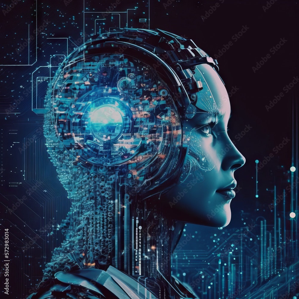 Poster generative ai humanoid robot head with circuit board in dark space background