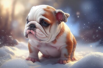 Bulldog Puppy Adorable Resting In The Snow Generative AI