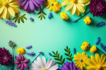 Top view of colorful paper cut flowers on cyan background with copy space