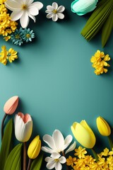 Top view of colorful paper cut flowers on cyan background with copy space