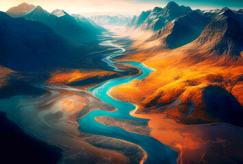 Beautiful sunset in mountains in autumn. Aerial view to ferest and river. Generative AI