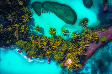 Aerial drone view of beautiful tropical island beach with palms. Vacation background. Turquoise ocean. Generative AI