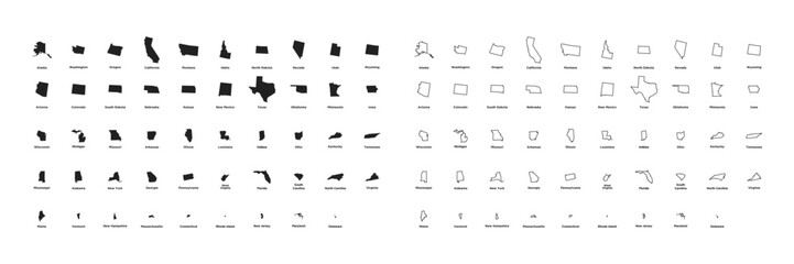 United States of America map. All states silhouettes with titles. Black and outline. Vector EPS 10