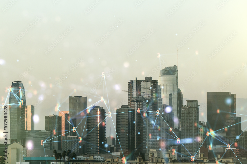 Poster double exposure of abstract virtual technology hologram on los angeles city skyscrapers background. 