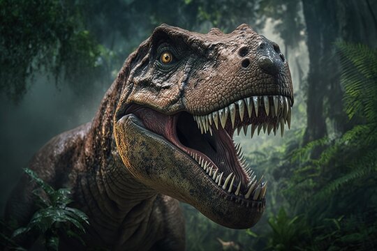 Angry Tyrannosaurus Rex face in Jungle ,Landscape forest in the background,Generative AI

