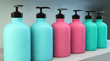 3d Illustration liquid soap color bottles top view. blue, pink plastic soap bottles in rows on table 