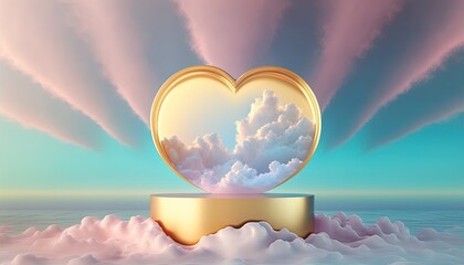 golden podium product showcase stage background platform or pedestal surrounded by clouds and love heart