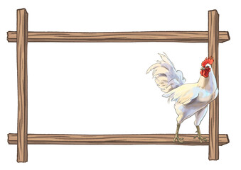 Wooden frame with farm chickens. High quality illustration