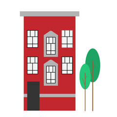 Red cottage in a flat style. Vector illustration with Scandinavian style town house. Stylish house near a tree. White isolated background.