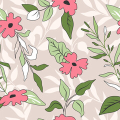 Seamless floral pattern.Beautiful background with pink flowers and green leaves.Vector illustration