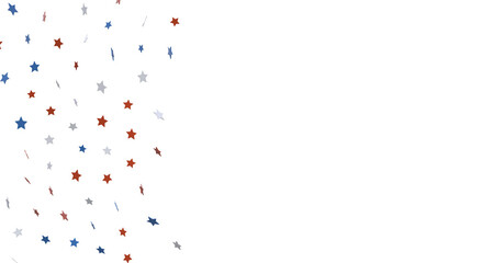 festive pattern with flying, falling red, blue, white stars in colors of the United States' flag