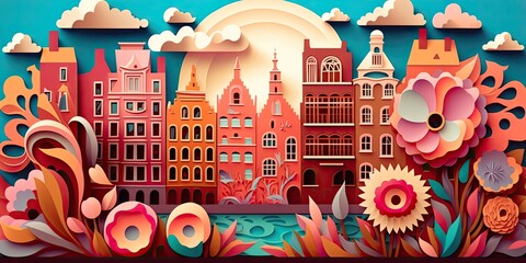 Netherlands, old town, paper art collage, vibrant european city, layered color paper, travel wallpaper, AI generative
