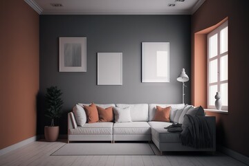 Naklejka na ściany i meble Cozy interior. Minimalistic living room design with terracotta color accents. Corner sofa, solid wall, framed pictures and plants in pot. AI