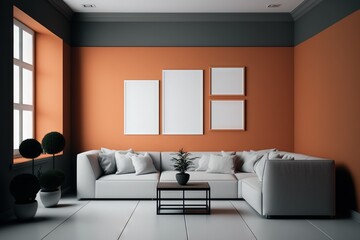 Naklejka na ściany i meble Cozy interior. Minimalistic living room design with terracotta color accents. Corner sofa, solid wall, framed pictures and plants in pot. AI