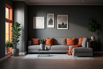 Cozy interior. Minimalistic living room design with terracotta color accents. Corner sofa, solid wall, framed pictures and plants in pot. AI