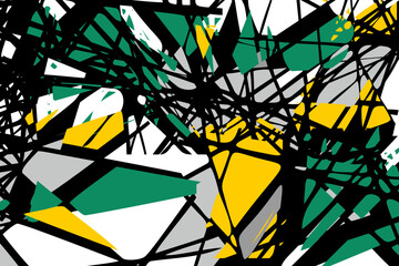 Random chaotic straight black lines. Abstract geometric pattern. Gray, green, yellow fragments of a complex structure. Contemporary art. A direct intersection of intersecting lines.