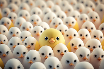Easter chick stands out from a crowd, unique, individuality, difference, leadership, leader, cute, adorable, fluffy