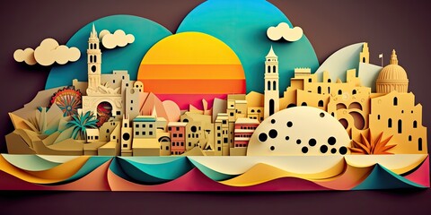 Malta, paper art collage, vibrant layered colored paper, travel banner, AI generative - obrazy, fototapety, plakaty