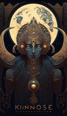The Egyptian God, Khonsu – God of Lunar, Moon deity in in Ancient Egypt. AI generative poster illustration, art nuveau style.