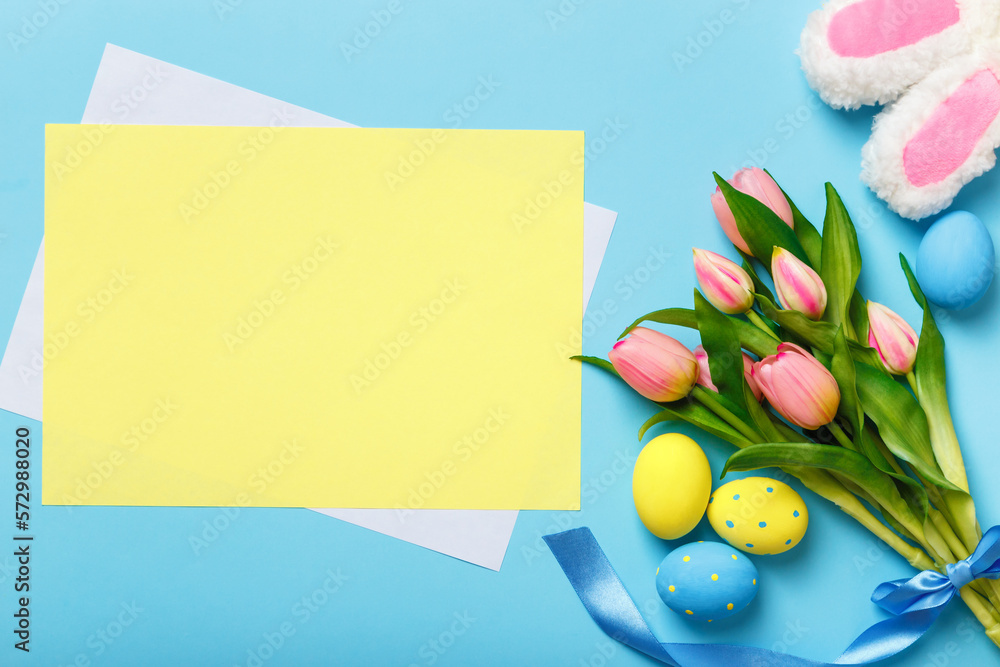 Poster easter card. bouquet of tulips eggs rabbit ears. empty sheet of paper with space for text and copy s