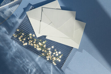festive blue envelopes on a blue background.