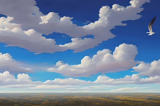 A Painting Of A Sky With Clouds And A White Bird Flying In The Sky With A Blue Sky In The Background And A White Bird In The Foreground With A Pink And Blue Sky. Generative AI