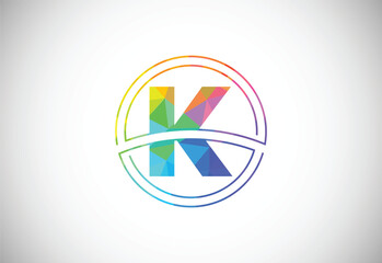 Low poly style letter K with a circle frame. Graphic alphabet symbol for corporate business identity