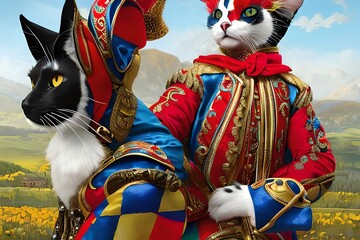 Arlecchino Italian Costume Harlequin Cat Illustration. Generative AI - obrazy, fototapety, plakaty