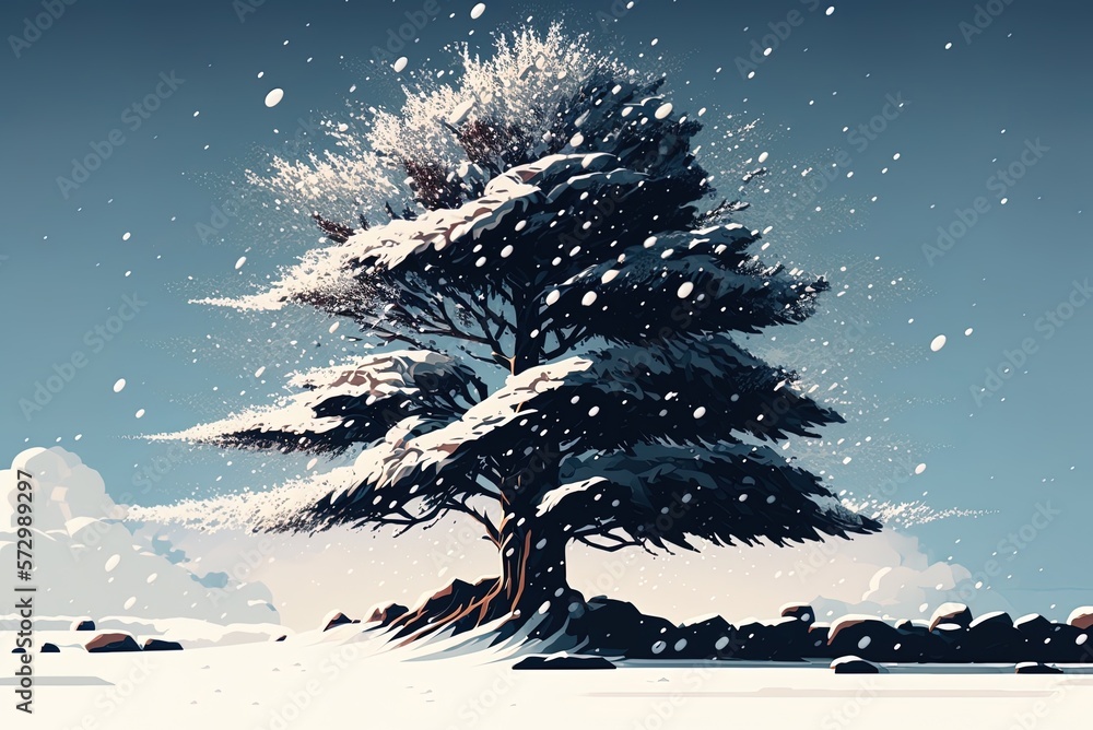 Poster The falling snow and the pine tree in the background make for a picturesque backdrop. Generative AI