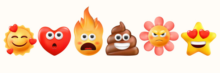 3d smile faces, emoji render. Lucky and joyful laugh, funny and happiness, good mood emotional characters, colour balls with eyes and mouth. Cute heart, flower and poop. Vector icon objects