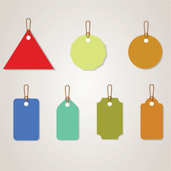 Realistic price tags collection. Special offer or shopping discount label. Retail paper sticker. Promotional sale badge with text. Vector illustration.