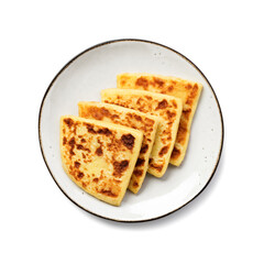 Potato tattie scones. Traditional Scottish dish for breakfast. Isolated on white background. top view