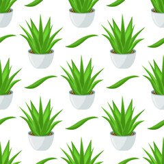 Aloe vera in a pot, agave. Seamless background. Vector.