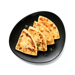 Potato tattie scones. Traditional Scottish dish for breakfast. Isolated on white background. top...