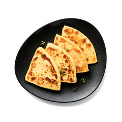 Potato tattie scones. Traditional Scottish dish for breakfast. Isolated on white background. top view